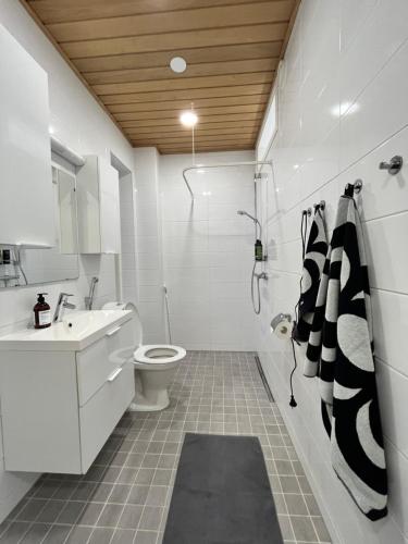 een badkamer met een toilet, een wastafel en een douche bij Pikku Flora in Kokkola