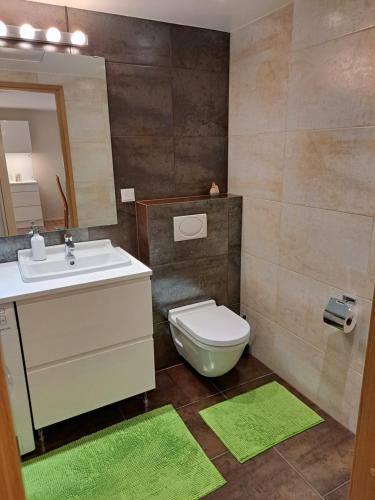 a bathroom with a sink and a toilet and a mirror at Aida 7 Guest Apartement in Pärnu