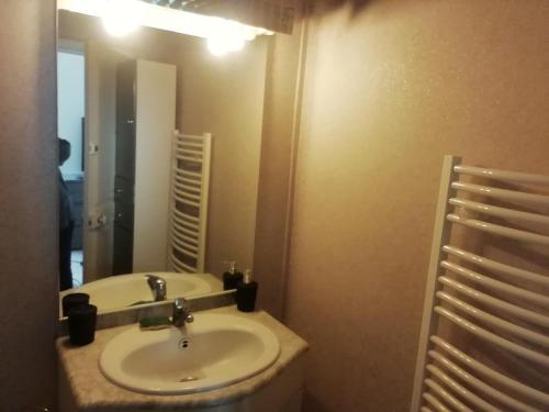 ein Bad mit einem Waschbecken und einem Spiegel in der Unterkunft Pégase meublé 3*** in Fourchambault