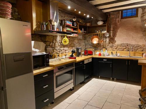 Laterale Residences Riquewihr في ريكيوير: مطبخ مع ثلاجة وموقد الفرن العلوي