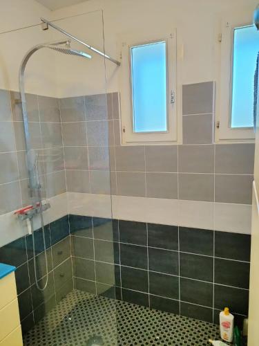 une salle de bain avec une douche avec une porte vitrée dans l'établissement Calme et lumière à 2 pas de la mer, à Plouescat