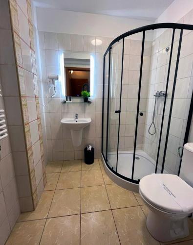 a bathroom with a shower and a toilet and a sink at Villa AdaMar - masaże & jacuzzi in Ciechocinek