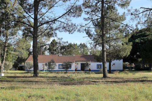 a white house with a red roof and trees at Casa do Pinheiro in Alcácer do Sal