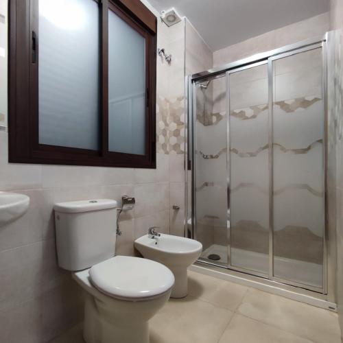 a bathroom with a toilet and a shower at HOTEL NUEVO ESPARTINAS in Espartinas