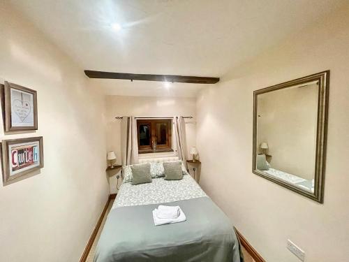małą sypialnię z łóżkiem i lustrem w obiekcie RURAL stone barn with Log Burner, tranquil setting w mieście Usk