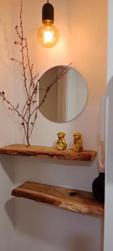 a mirror on a wall above a wooden shelf at Suite Lay in Zaragoza