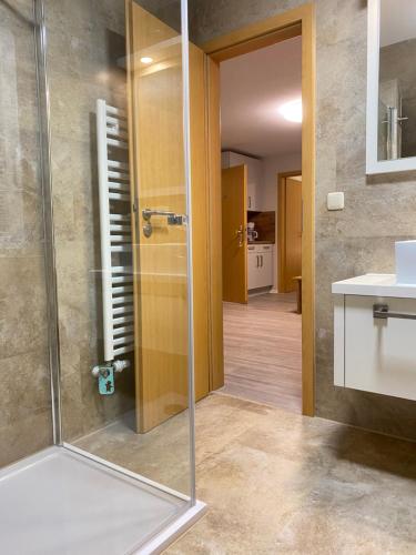 a glass shower in a bathroom with a sink at Ferienhaus Am Achterwasser in Ueckeritz