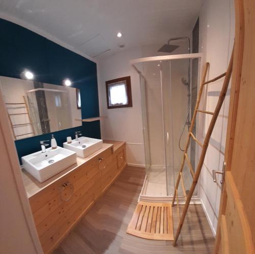 een badkamer met 2 wastafels en een grote douche bij Chalet de l'Ours Brun, gîte 3 étoiles in Gère-Belesten