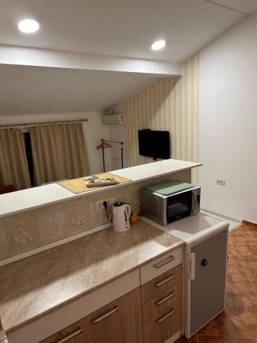 uma cozinha com um balcão e um micro-ondas em Apartments Kiki em Kikinda