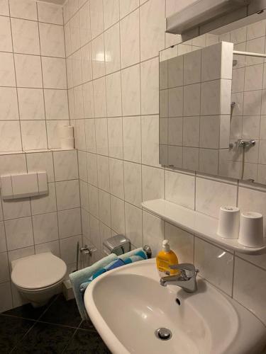 a white bathroom with a sink and a toilet at Ferienhof Kröger in Bielefeld