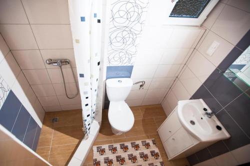a small bathroom with a toilet and a sink at Domki Letniskowe Blue Sky 1 in Rewal