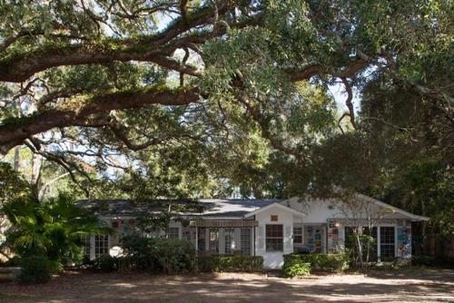 a white house with a tree in front of it at PELICAN HOUSE home in Jekyll Island
