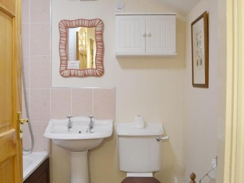 a bathroom with a sink and a toilet and a mirror at Duffs Lodge - Beaufort Estate in Belladrum