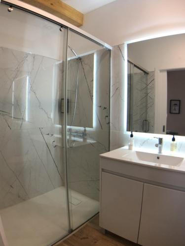 a bathroom with a glass shower and a sink at Vila Cavalica in Bustelo