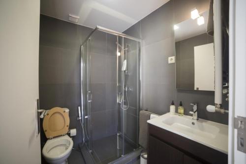 a bathroom with a shower and a toilet and a sink at Vila Lagar in Bustelo