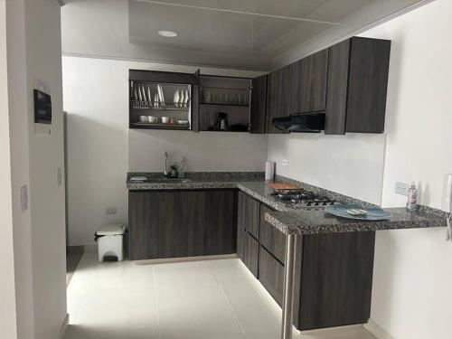 - une cuisine avec des placards en bois et un comptoir dans l'établissement Magnifico apartamento, à Moniquirá