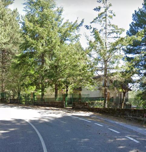 uma rua com uma cerca e árvores ao lado de uma estrada em White’s House em Cutura