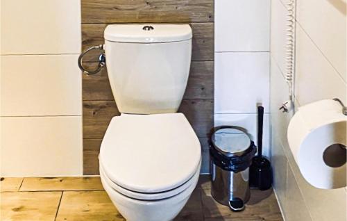 a white toilet in a bathroom with a trash can at Nice Home In Sianozety With Kitchen in Sianozety