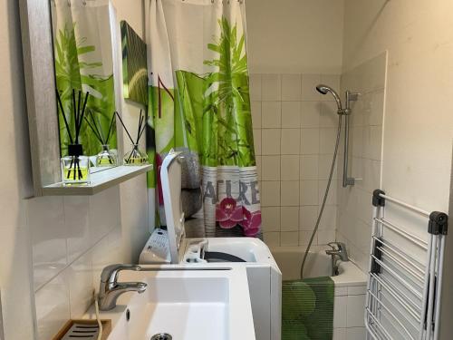 La salle de bains est pourvue d'un lavabo et de plantes. dans l'établissement Appartement 1 pièce 35m² - Centre Étel - Vue port - 3 pers. - FR-1-397-51, à Étel