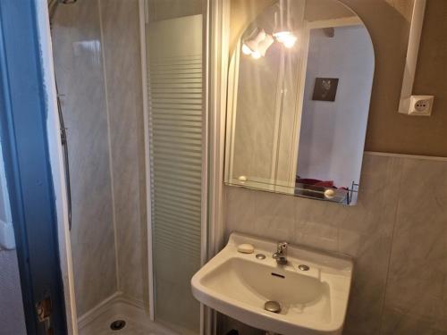 uma casa de banho com um lavatório, um espelho e um chuveiro em Appartement Mont-Dore, 3 pièces, 4 personnes - FR-1-415-145 em Le Mont-Dore