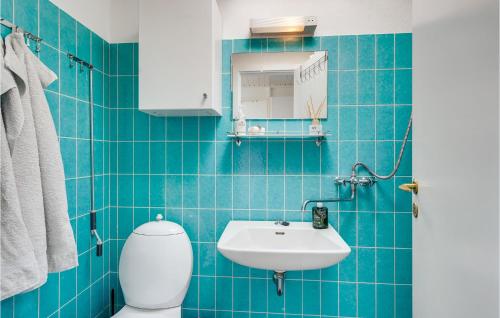 ein blau gefliestes Bad mit WC und Waschbecken in der Unterkunft Amazing Home In Tranekr With Wifi in Tranekær