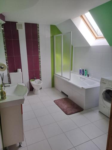 a bathroom with a toilet sink and a washing machine at Stay at Svaja in Plungė