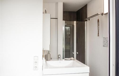 La salle de bains blanche est pourvue d'un lavabo et d'une douche. dans l'établissement 1 Bedroom Beautiful Home In Otterndorf, à Otterndorf