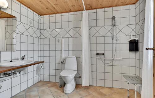 een badkamer met een toilet, een wastafel en een douche bij Fuglsang in Tranekær