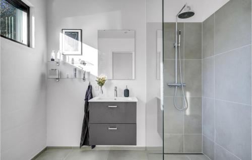uma casa de banho com um lavatório e um chuveiro em Stunning Home In Gilleleje With Wifi em Gilleleje