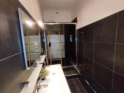 een badkamer met een wastafel en een grote spiegel bij Le Moulleau Appartement 2 chambres - plage à 50m in La Teste-de-Buch