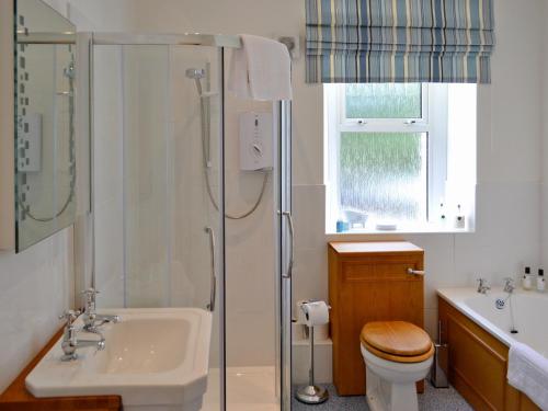 a bathroom with a shower and a toilet and a sink at Lavender in Stokeinteignhead