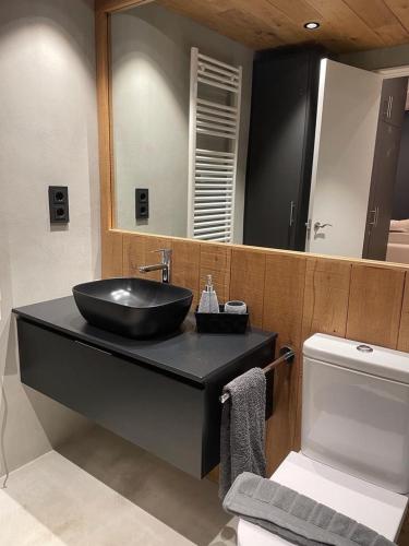 a bathroom with a black sink and a mirror at Apartaran 407 con terraza in Betrén