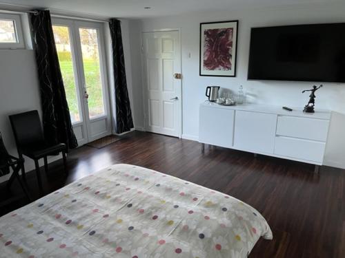 a bedroom with a bed and a flat screen tv at Chez Thomas 7 Route du Monde Ancien in Saint-Georges-dʼAunay