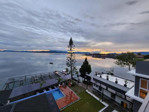 an aerial view of a large body of water at PURNAMA BALIGE HOTEL in Balige