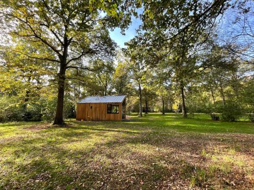 een kleine houten hut in een veld met bomen bij Buitenplaats Vinckeboom in Diepenheim