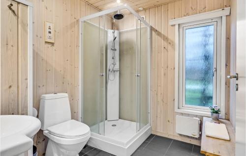 uma casa de banho com um chuveiro, um WC e um lavatório. em Nice Home In Hanstholm With Wifi em Hanstholm
