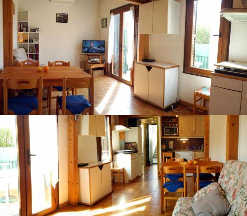 Il comprend une cuisine et un salon avec une table. dans l'établissement Maisonnette Paesolu Porticcio, à Porticcio