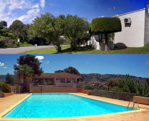 dos fotos de una casa y una piscina en Maisonnette Paesolu Porticcio, en Porticcio