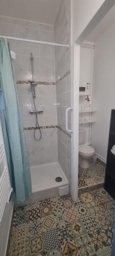 uma casa de banho com um chuveiro e um WC. em MAIRIE, Apart 50 m2 , Lumineux , Rénové , 4 Pers. em Le Havre