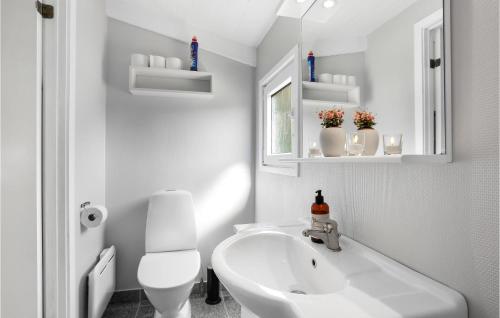 Baño blanco con lavabo y aseo en Hus 16, en Allinge