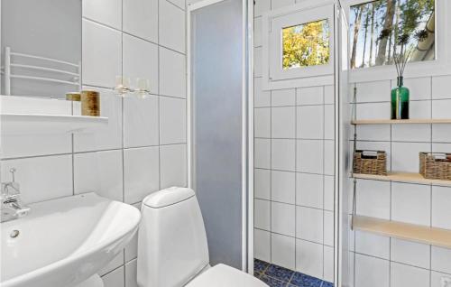 Baño blanco con aseo y lavamanos en Lovely Home In Aakirkeby With Wifi en Vester Sømarken