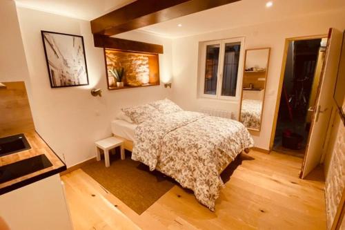 Postel nebo postele na pokoji v ubytování Studio rénové avec patio, coeur du centre ville