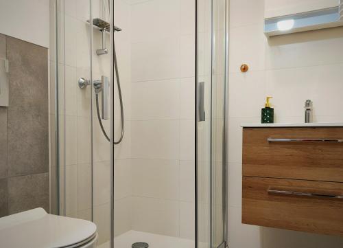 a bathroom with a shower and a toilet at Hugo Eden Apartments in Kraków