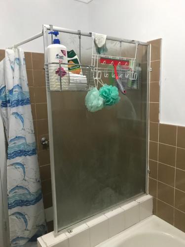 a shower with a glass door in a bathroom at Fragrant Homes-68B independent aircon room, with 65’TV, queen size beds, rest sofa, built in wardrobe in Doonside