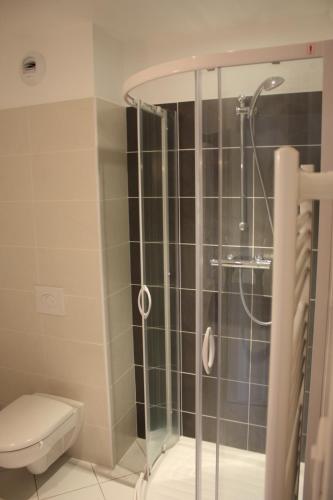 une douche avec une porte vitrée dans une salle de bain dans l'établissement Vue imprenable sur Lac de Serre-Ponçon à Chorges : appt prestige 8 pers, à Chorges