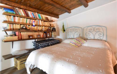 a bedroom with a bed and shelves of books at Amazing Home In Modica With Sauna in Modica