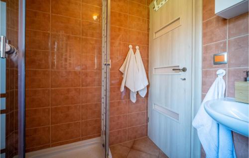 W łazience znajduje się prysznic i umywalka. w obiekcie Lake Front Home In Donja Stubica With House A Mountain View w mieście Donja Stubica