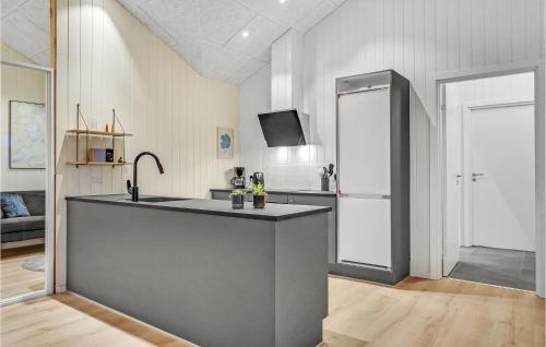 La cuisine est équipée d'un comptoir avec évier et d'un réfrigérateur. dans l'établissement Nice Home In Sjølund With Wifi, à Sjølund
