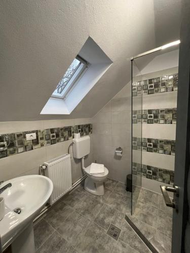a bathroom with a toilet and a sink and a skylight at Alio Guest House in Zărneşti