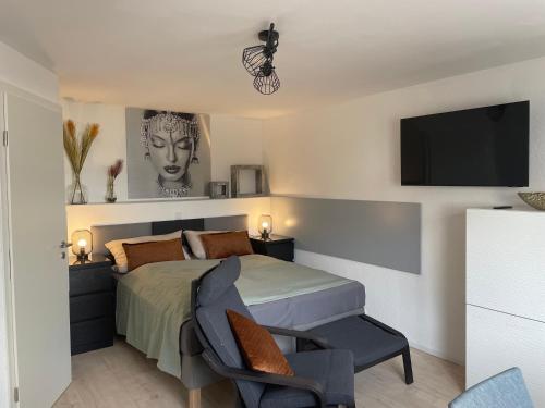 een slaapkamer met een bed, een stoel en een televisie bij Freigeist Apartments in Haßloch
